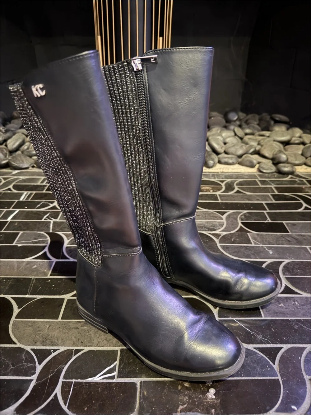 Girls Kenneth Cole Leather Black sparkle knit Tall Boots